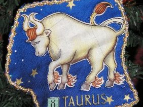 Taurus Christmas ornament, dark blue, gold trim