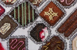 chocolate candies closeup, cherry cordial, cross stitch design